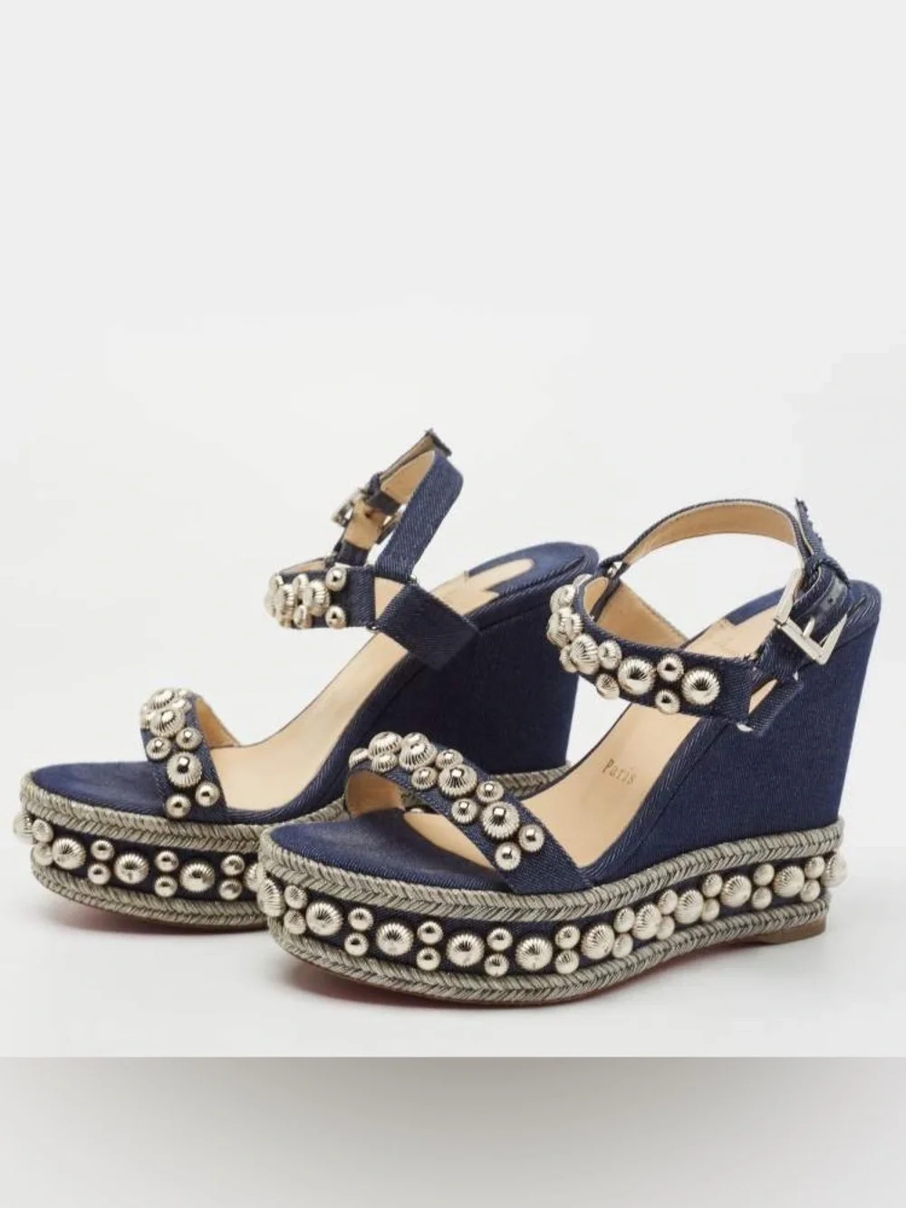 Christian Louboutin Denim 120 Rondaclou Wedge Studded Spike Sandals